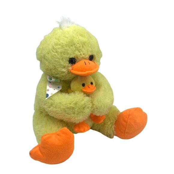K-mart 13” Plush Duck With Duckling Chick Yellow Orange Polka Dot Bow - Picture 1 of 8